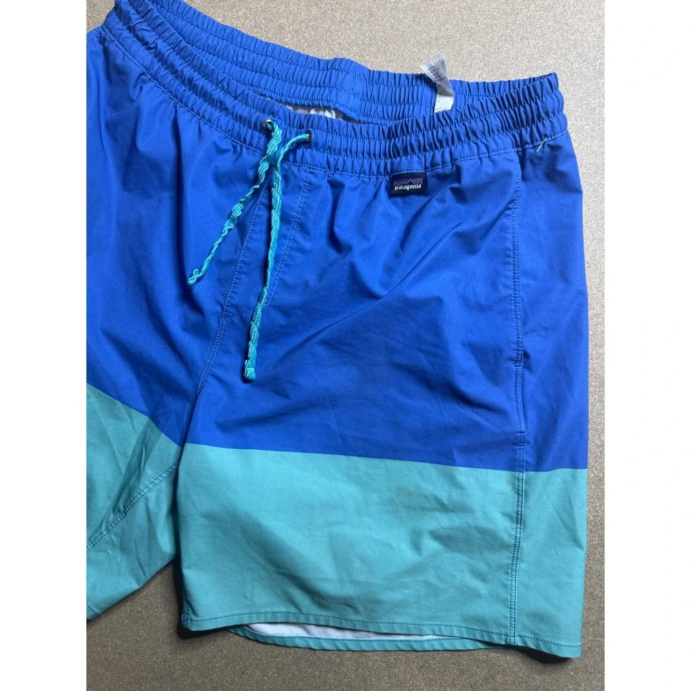 Patagonia Mens Swim Trunks Board Shorts‎ Blue Green Colorblock Elastic Waist M
